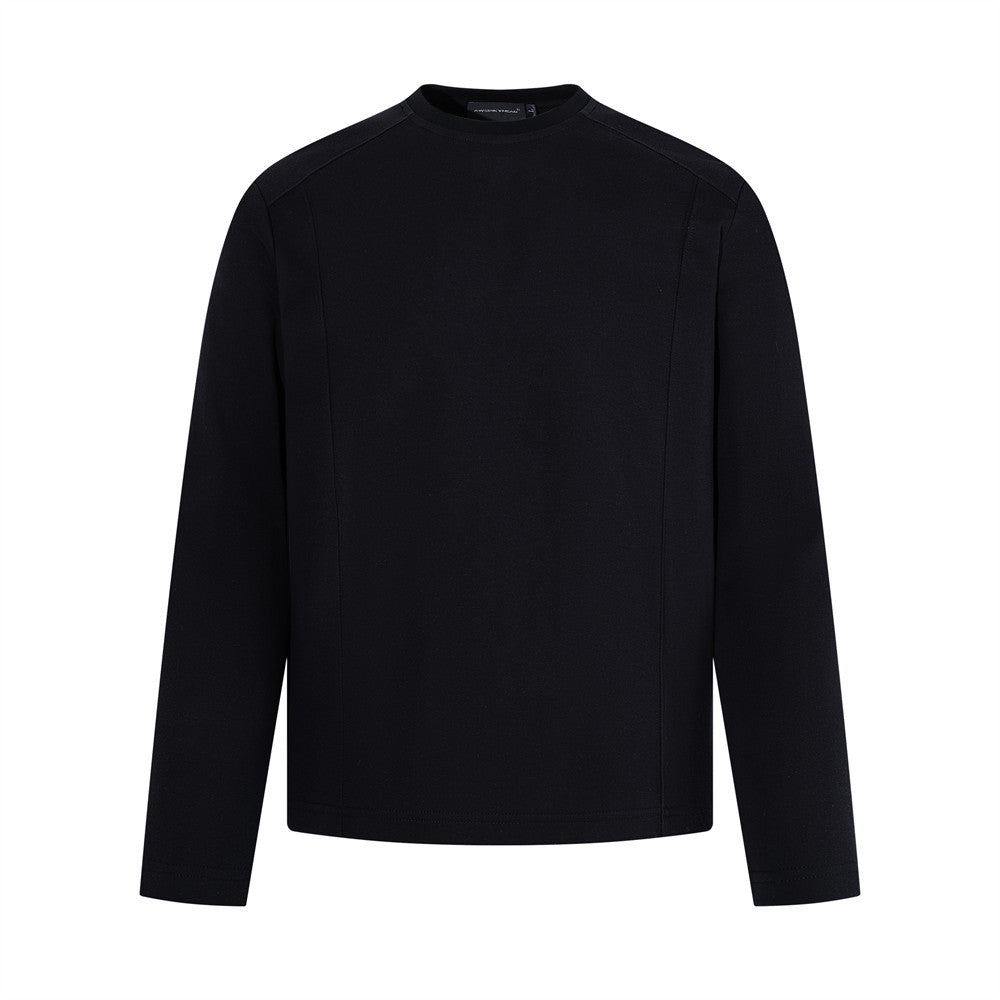 Men's relaxed-fit long sleeve crew neck t-shirt in black with tonal seam detailing, front view