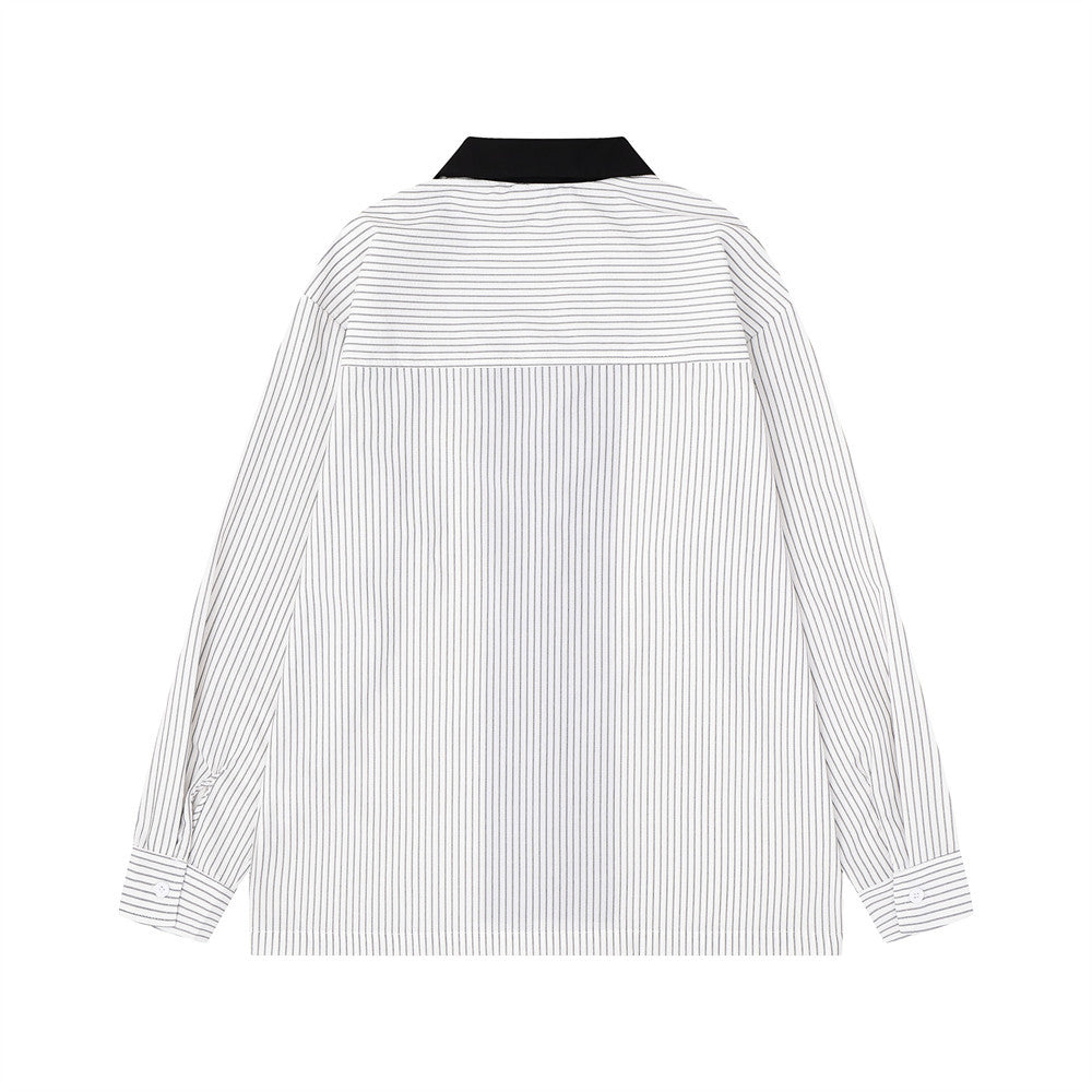 White striped long sleeve shirt shown from the back with black collar and buttoned cuffs
