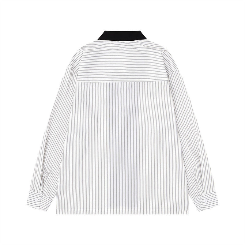 White striped long sleeve shirt shown from the back with black collar and buttoned cuffs