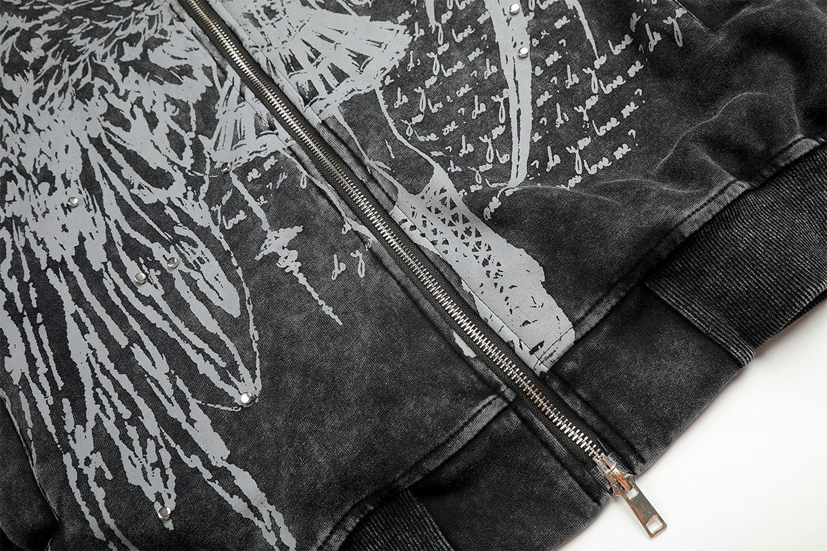 Anime Angel & Demon Graphic Zip-Up Hoodie – Acid Wash Oversized Streetwear