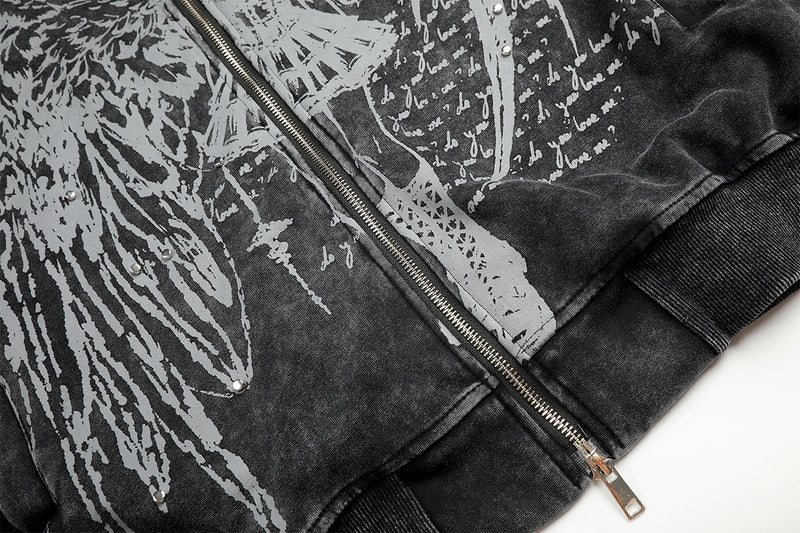 Anime Angel & Demon Graphic Zip-Up Hoodie – Acid Wash Oversized Streetwear