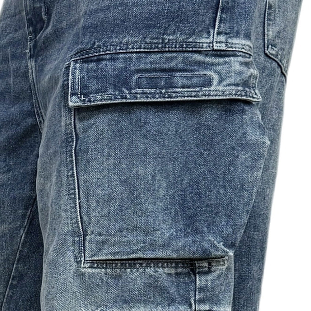Multi-Pocket Cargo Denim Jeans – Wide Leg Straight Fit, Washed Blue
