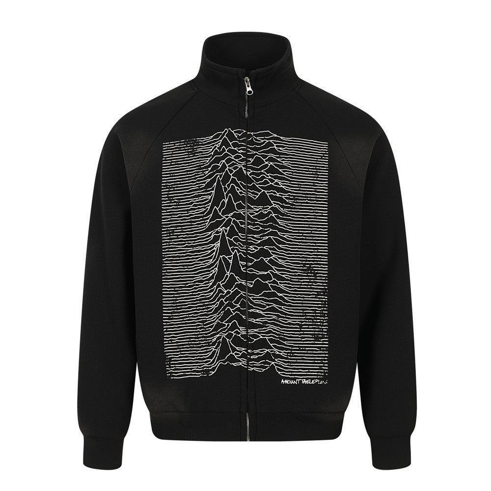 Men's black full-zip mock neck sweatshirt jacket with large white abstract wave graphic print on the front