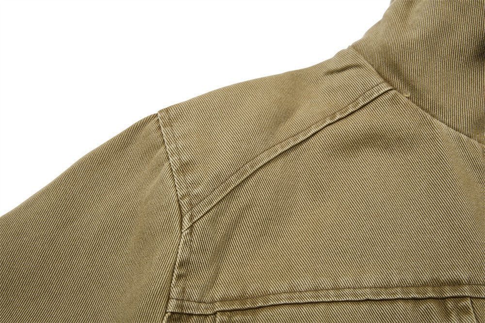 Men's Washed Denim Bomber Jacket – Oversized Fit, Double Collar & Zip Pockets