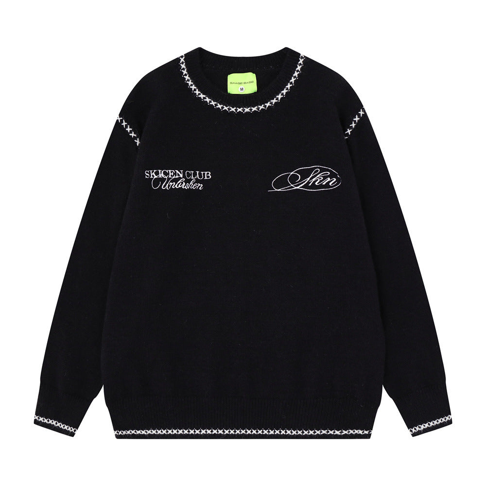 Crew Neck Sweater Men's Oversized Embroidered Knit Pullover