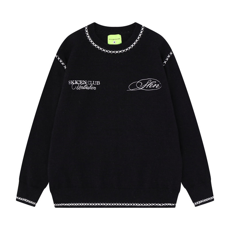 Crew Neck Sweater Men's Oversized Embroidered Knit Pullover