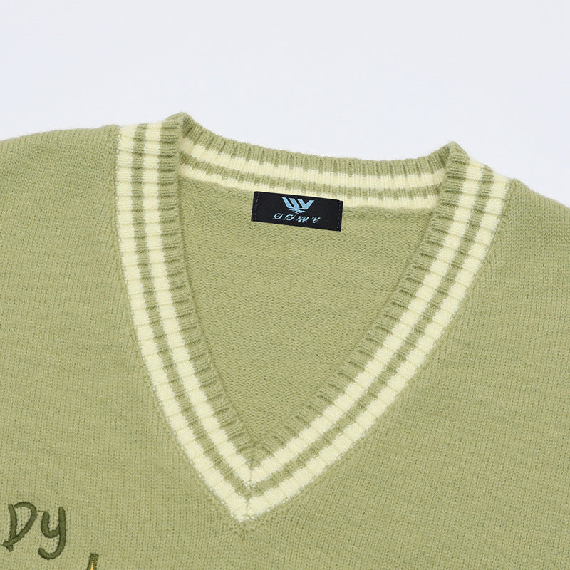 V-Neck Sweater Vests – Cute Dog Clock Jacquard Knit Preppy Style