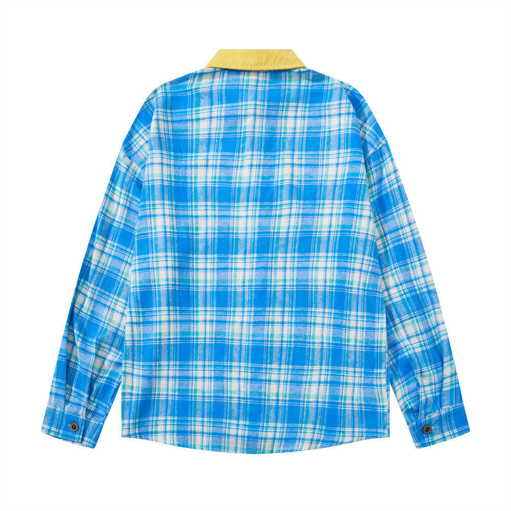 Men Long Sleeve Button Down Shirt Plaid Vintage Embroidered Flannel Overshirt