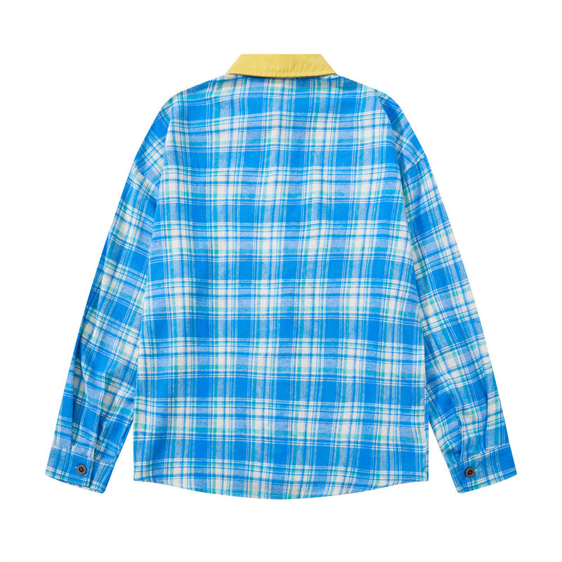 Men Long Sleeve Button Down Shirt Plaid Vintage Embroidered Flannel Overshirt