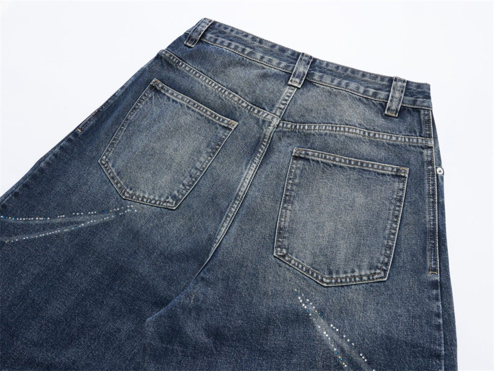 Men's Super Baggy Jeans – Rhinestone Wing Graphic Wide-Leg Denim, Washed Blue