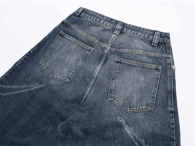 Men's Super Baggy Jeans – Rhinestone Wing Graphic Wide-Leg Denim, Washed Blue