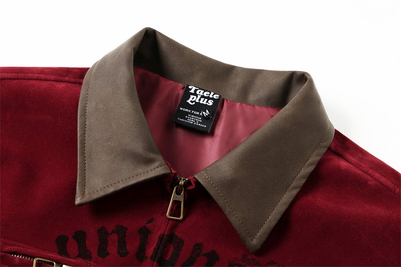 Velvet Zip-Up Jacket – Vintage Cross & Figure Print, Contrast Collar