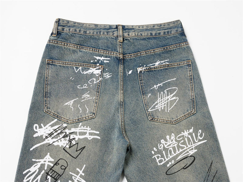 Graffiti Print Wide-Leg Jeans – Punk Streetwear Straight Baggy Denim