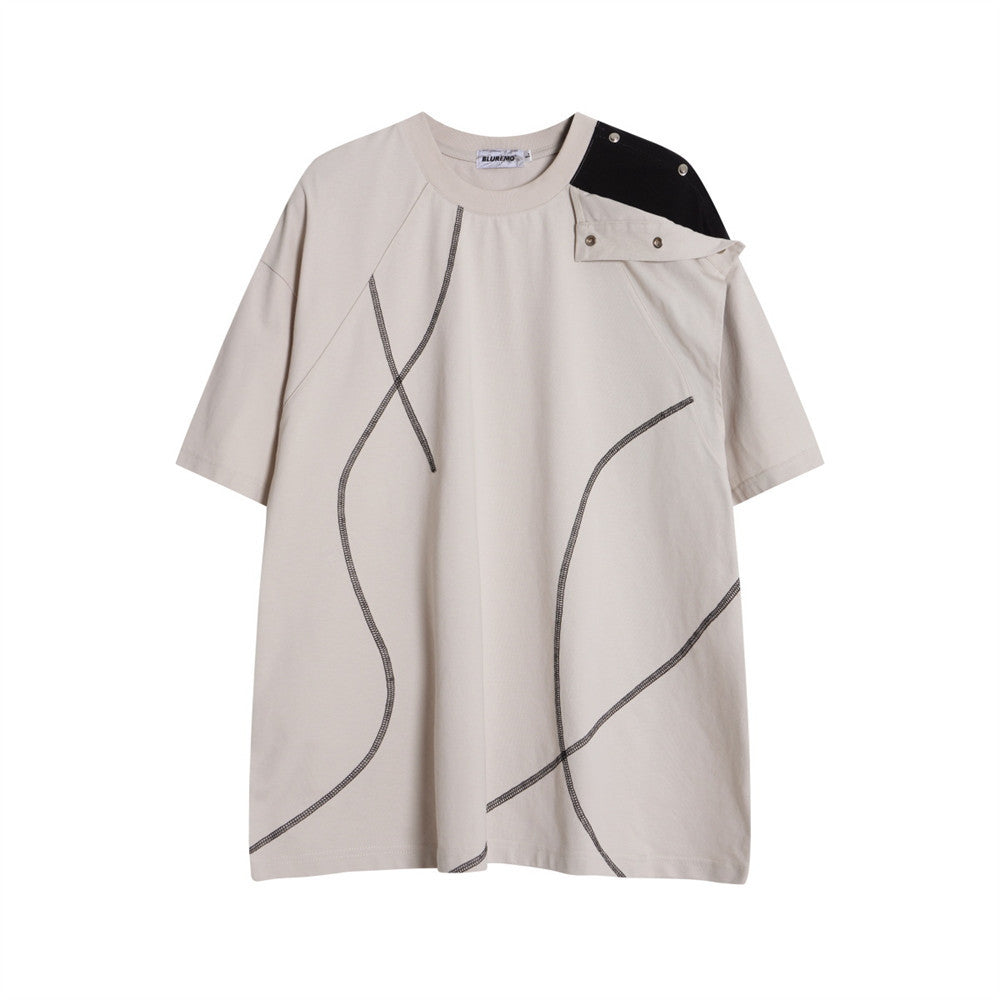 Oversized Irregular Stitch Contrast Snap-Shoulder T-Shirt