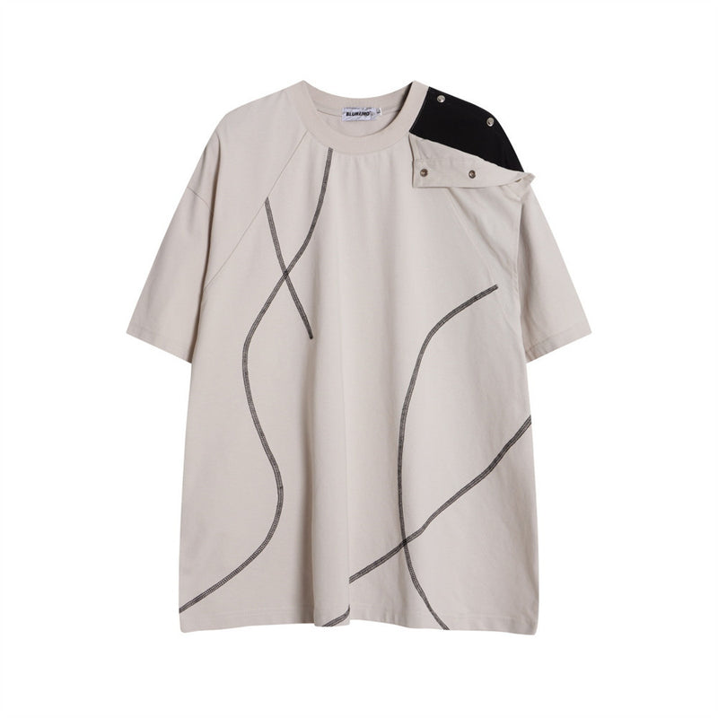 Oversized Irregular Stitch Contrast Snap-Shoulder T-Shirt