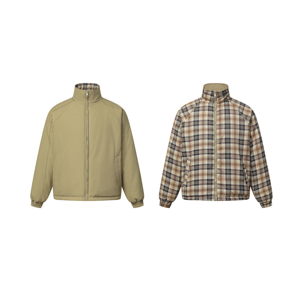 Reversible Stand-Collar Padded Jacket – Solid Khaki & Plaid Two-Way Wear