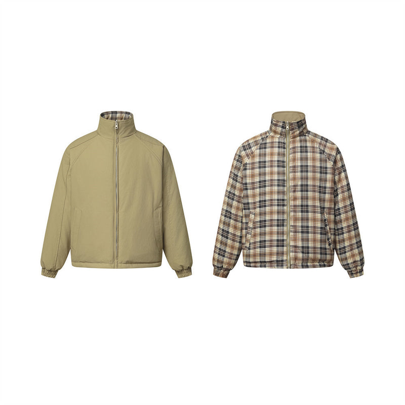 Reversible Stand-Collar Padded Jacket – Solid Khaki & Plaid Two-Way Wear