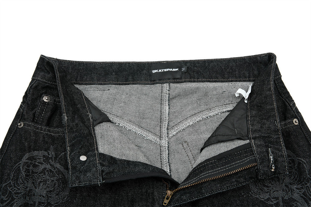 Men's Wide-Leg Black Jeans – Dragon Embroidery Straight Leg Denim