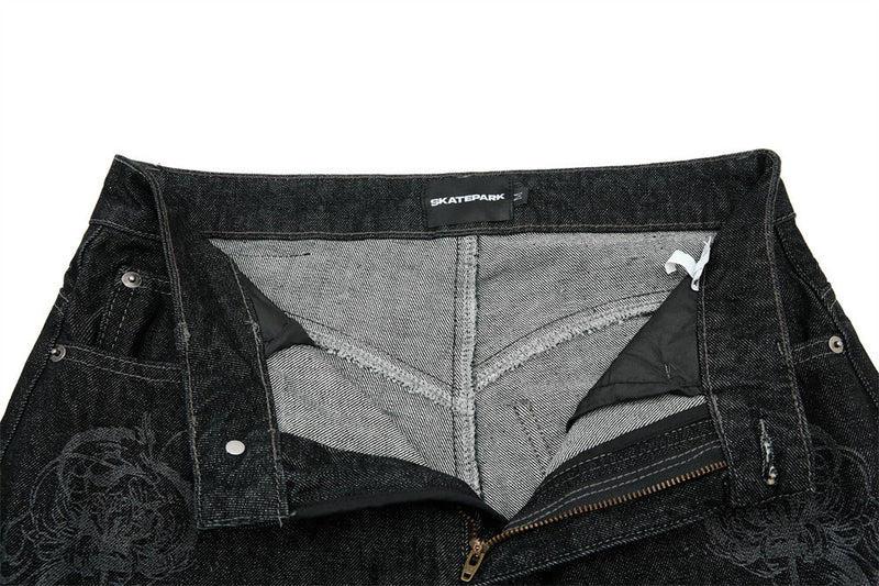 Men's Wide-Leg Black Jeans – Dragon Embroidery Straight Leg Denim