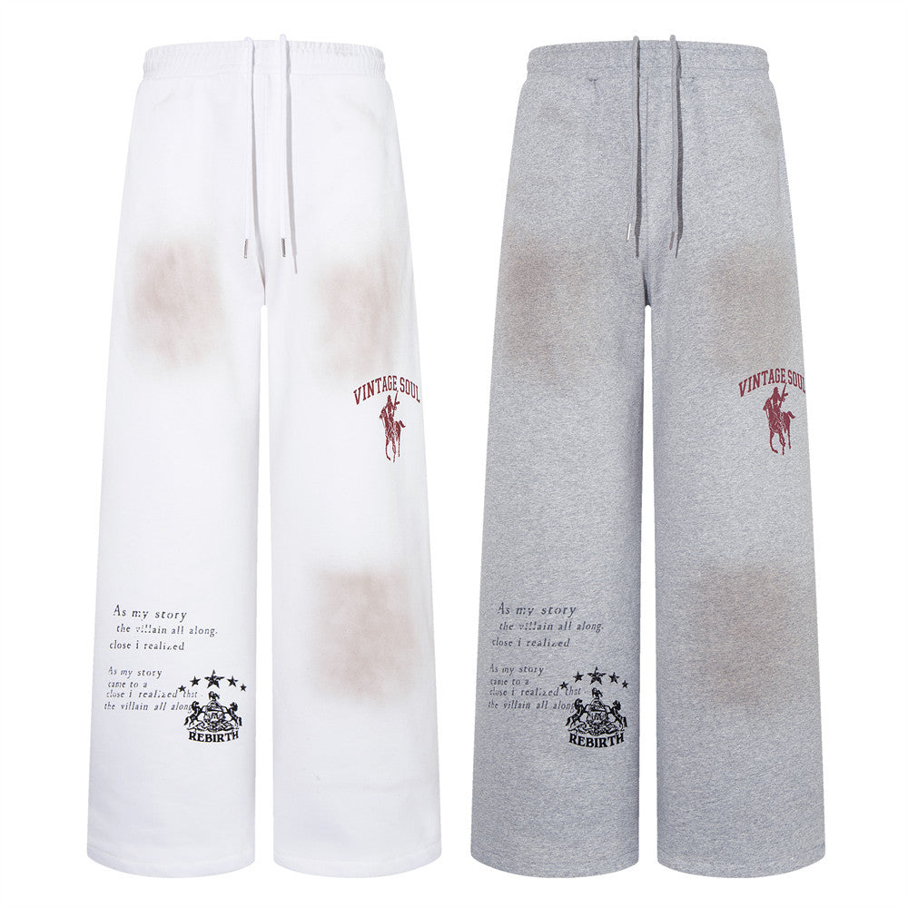 Pantalon de survêtement baggy large à imprimé graphique effet usé – Vintage Soul Rebirth