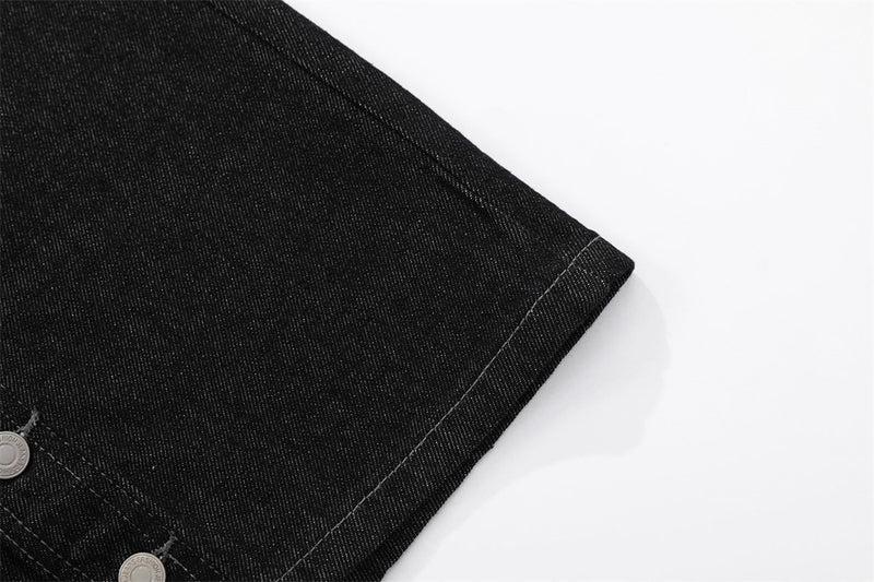 Black Denim Wide-Leg Shorts with Diagonal Button Placket