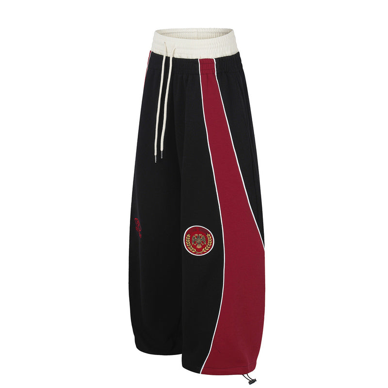 Colorblock Wide-Leg Sweatpants with Eagle Emblem & Faux Double Waistband