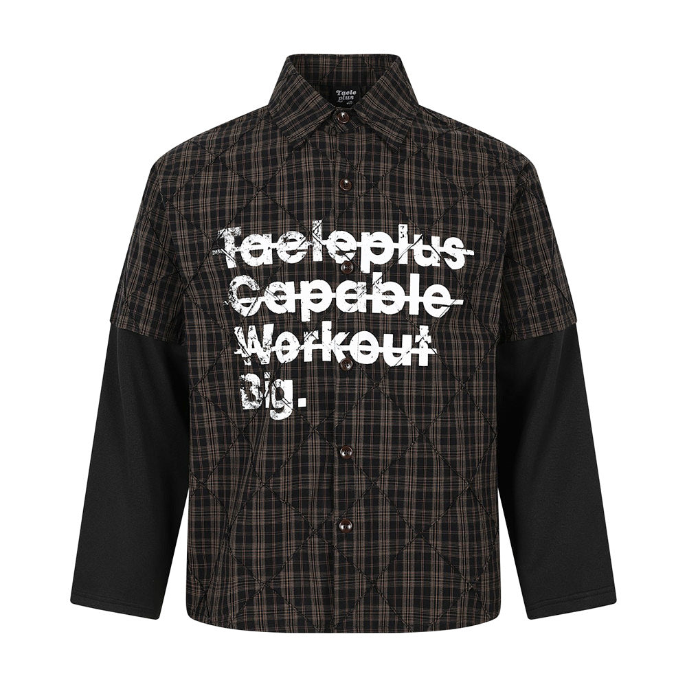 Men's quilted dark brown plaid shirt jacket with black contrast sleeves and distressed graphic print on chest