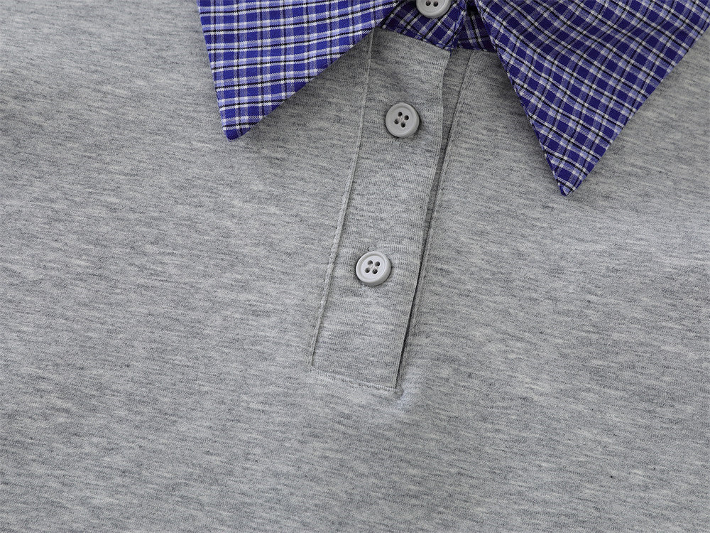 Plaid Collar Faux-Layered Polo Sweatshirt – Relaxed Fit Long Sleeve Top