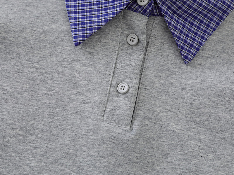 Plaid Collar Faux-Layered Polo Sweatshirt – Relaxed Fit Long Sleeve Top