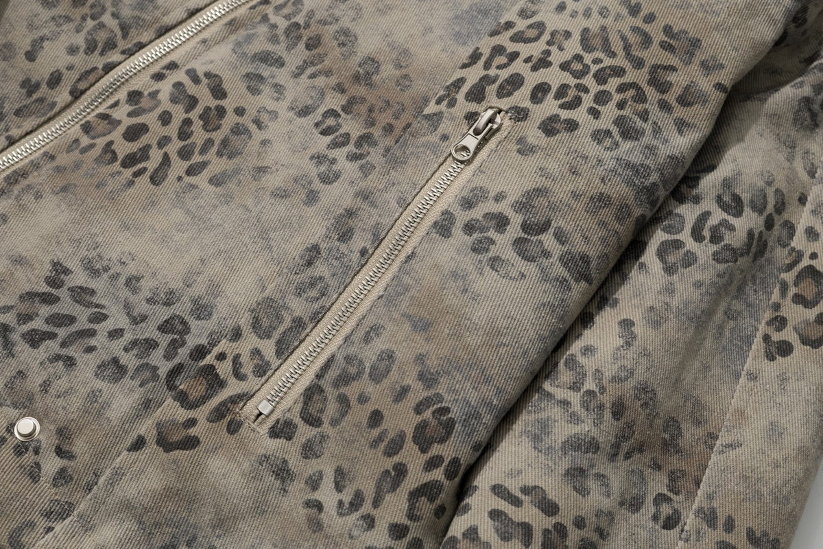 Men's Leopard Print Padded Jacket with Faux Fur Collar & Trim