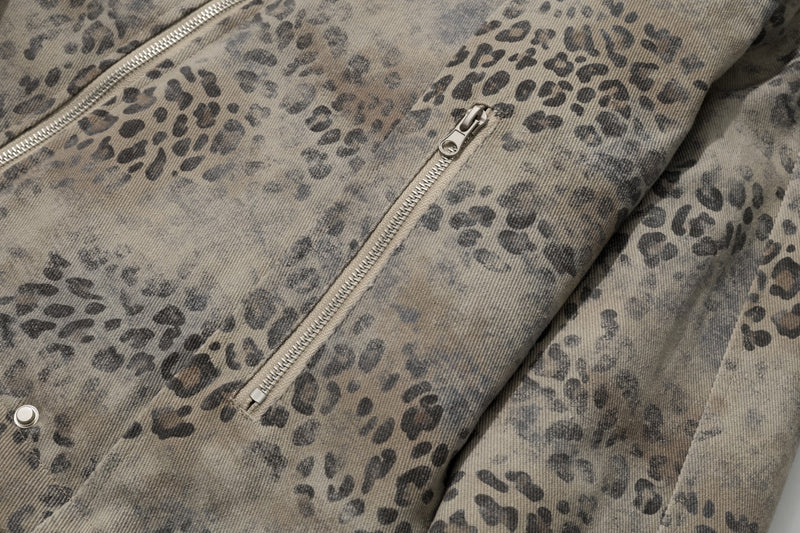 Men's Leopard Print Padded Jacket with Faux Fur Collar & Trim