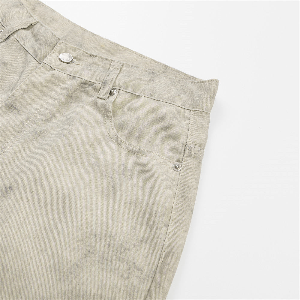 Pantalon droit wide leg – Homme, kaki délavé à l’acide, coupe décontractée et effet usé