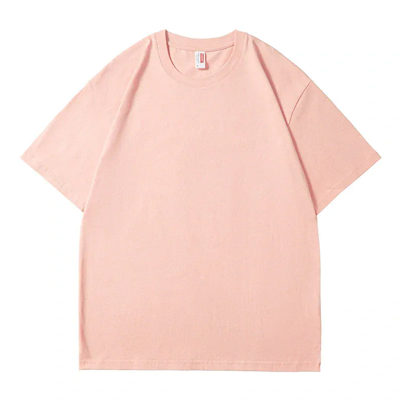 A Custom Anime Character Blush Pink T-Shirt made from 100% cotton (230GSM) is displayed flat on a white background.