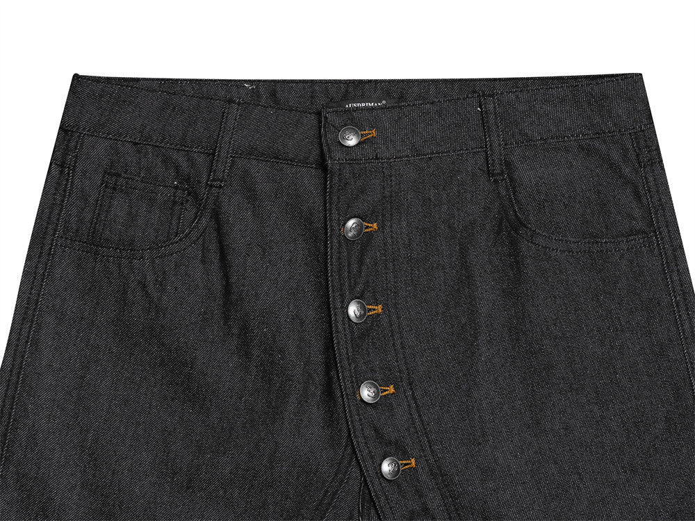 Men's Black Baggy Wide-Leg Jeans with Diagonal Button Fly