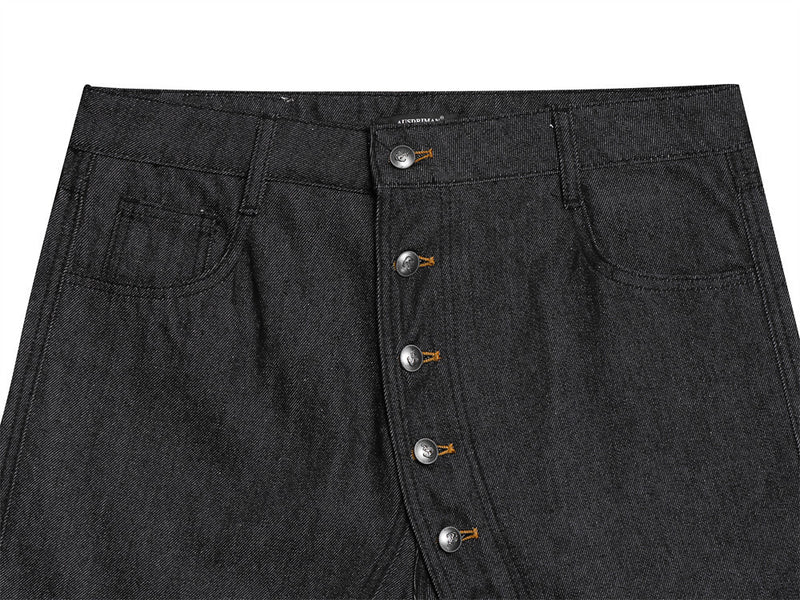 Men's Black Baggy Wide-Leg Jeans with Diagonal Button Fly