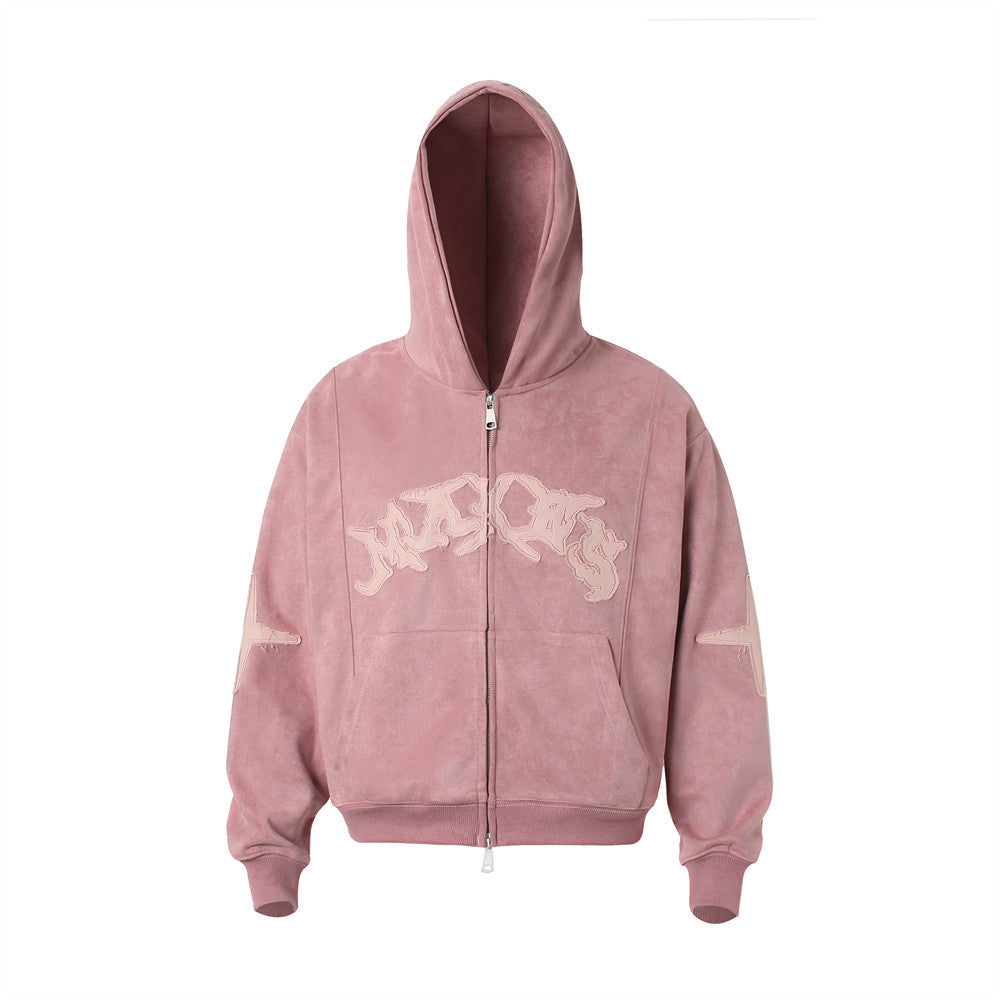 Baggy Zip Up Hoodie with Letter Appliqué — Oversized Streetwear Zip Hoodie