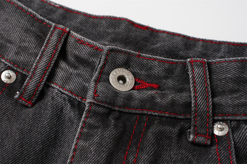 Wide Leg Jeans with Wing & Star Back Print, Red Contrast Stitching