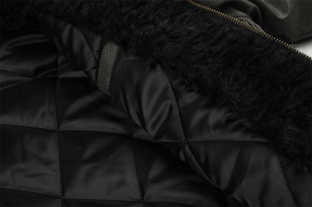 Punk Fur-Collar Studded PU Leather Hooded Bomber Jacket