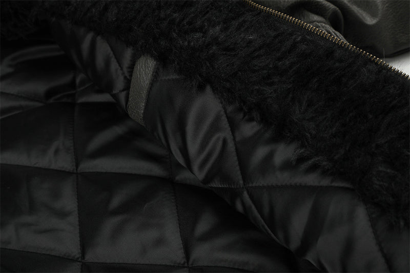 Punk Fur-Collar Studded PU Leather Hooded Bomber Jacket