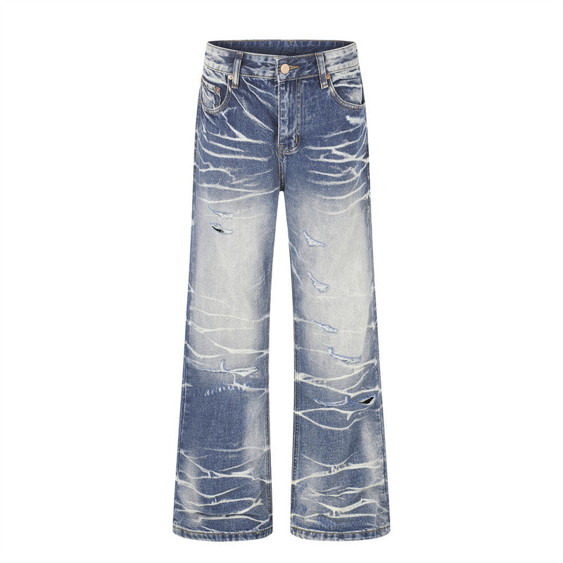 Men's wide-leg distressed jeans with lightning bolt bleach wash pattern in vintage blue, front and back view