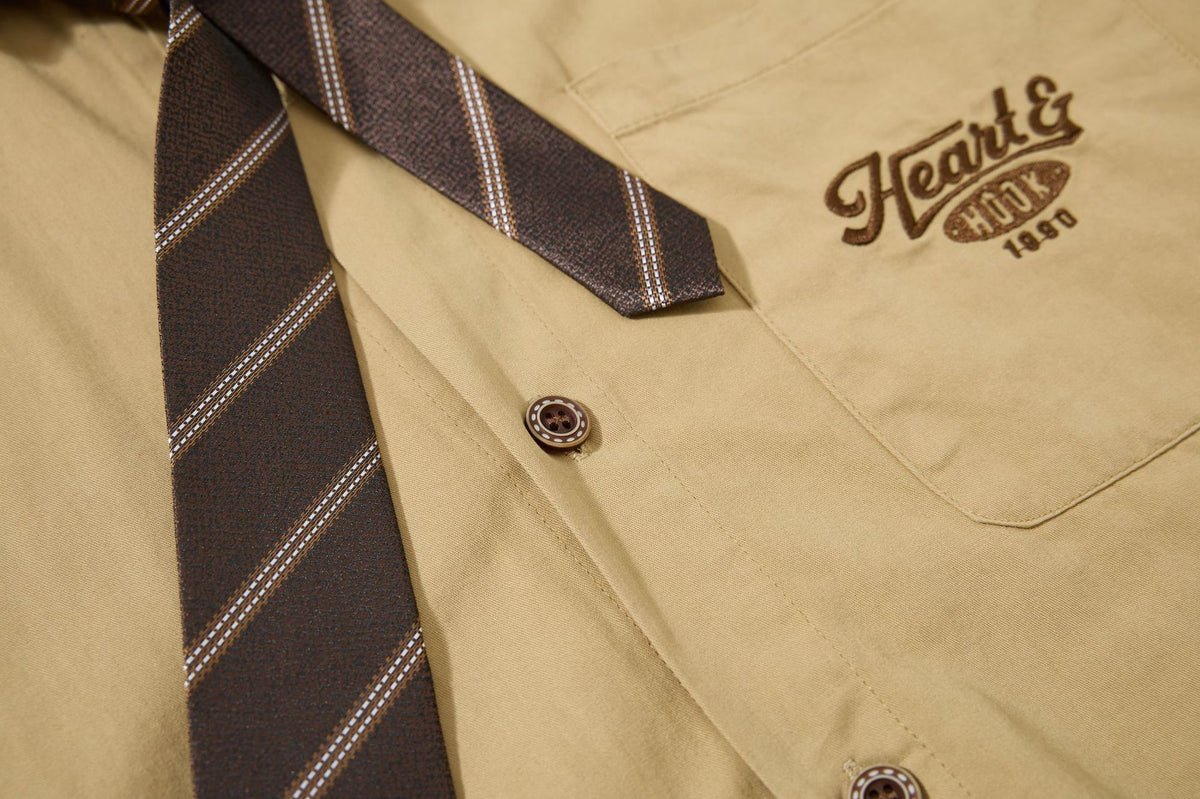 Tan Long Sleeve Shirt with Detachable Tie – Heart & Hook Embroidered Campus