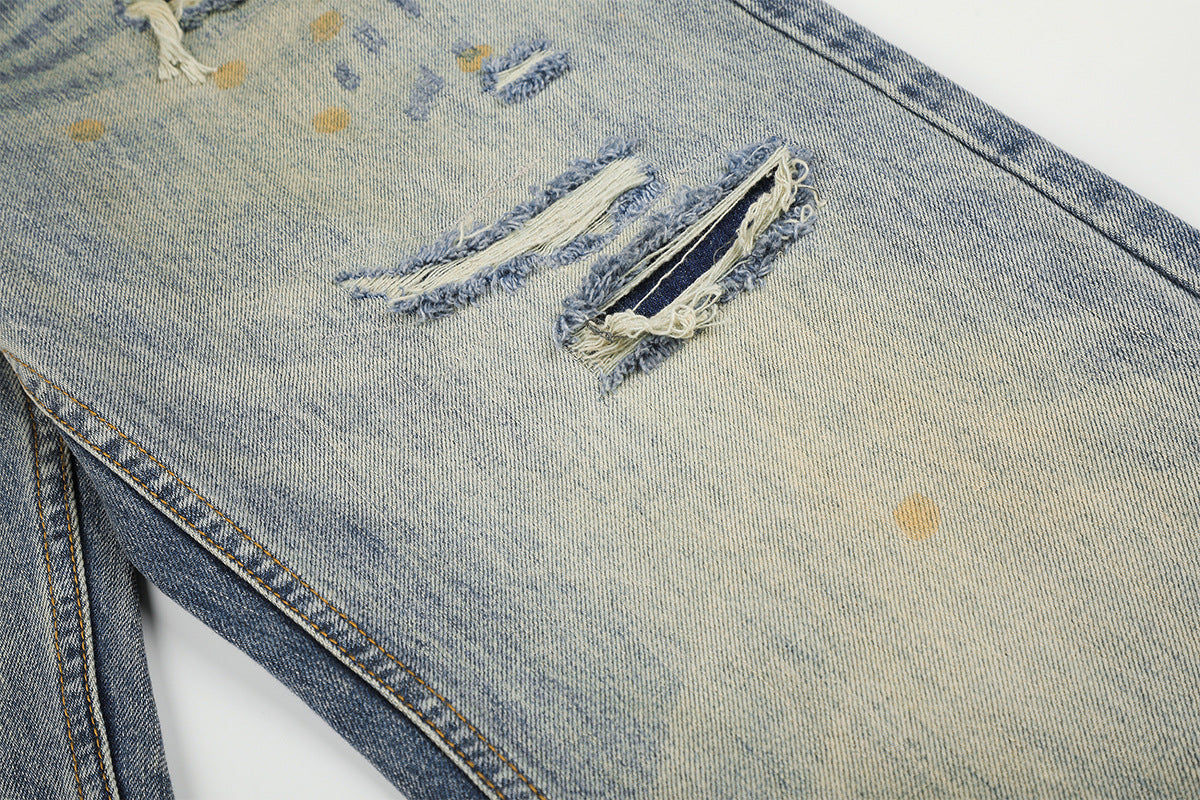 Jean baggy bleu clair à poches léopard – Denim large délavé et déchiré
