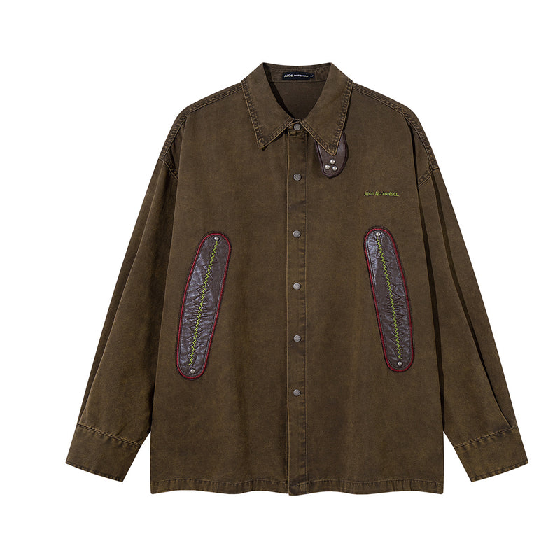 Acid Wash Denim Overshirt with Leather Patch Pockets & Snap Buttons