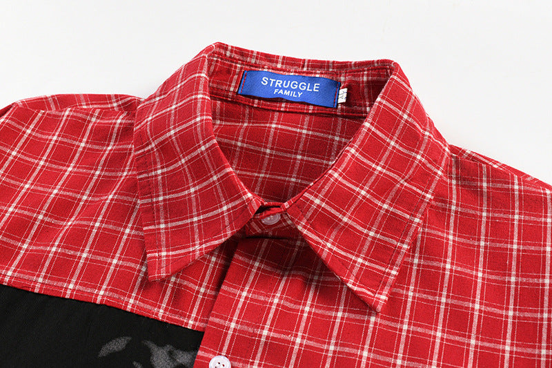 Plaid Patchwork Shadow Print Long Sleeve Shirt – Oversized Punk Street Style