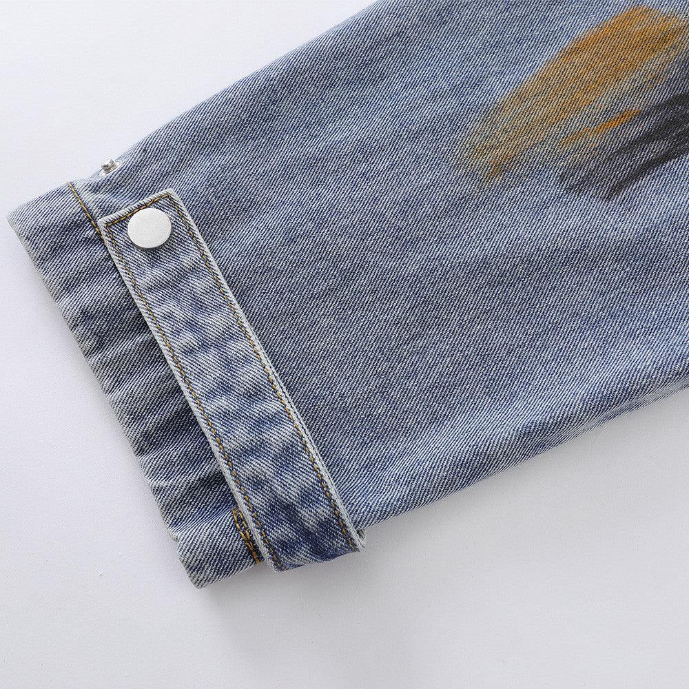 Oversized Black Denim Jacket – Floral Embroidery & Washed Distressed Finish