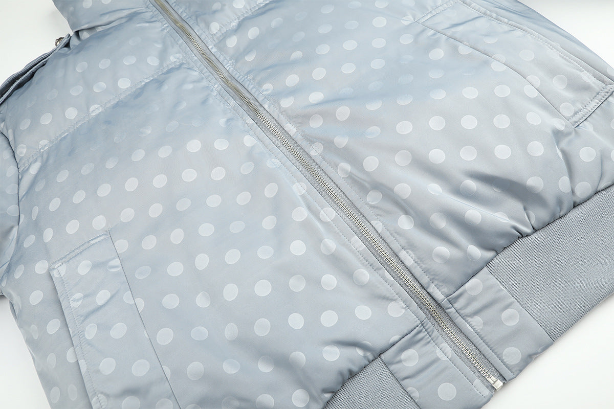 Polka Dot Puffer Bomber Jacket with Oversized Collar