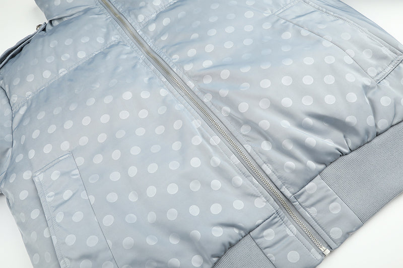 Polka Dot Puffer Bomber Jacket with Oversized Collar