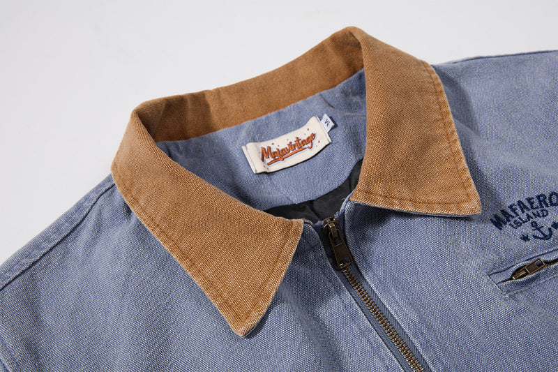 Chaqueta de lona lavada workwear con cuello de pana – Estilo barn de corte cuadrado