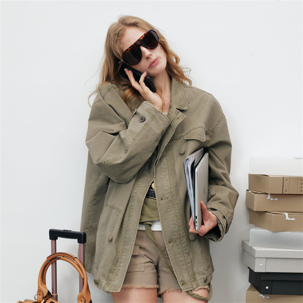 Oversized Workwear Jacket – Men's Olive Double-Breasted Utility Coat