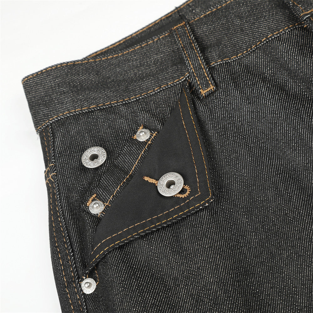 Raw Denim Cargo Wide-Leg Jeans – Multi-Pocket Straight Fit